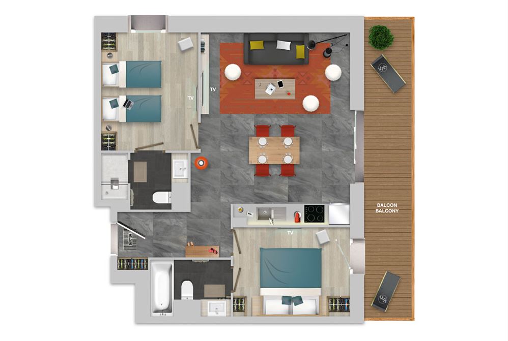 Chalets Izia 2 bed apartment floor plan