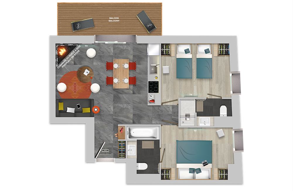 Chalets Izia 2 bed with fireplace apartment floor plan