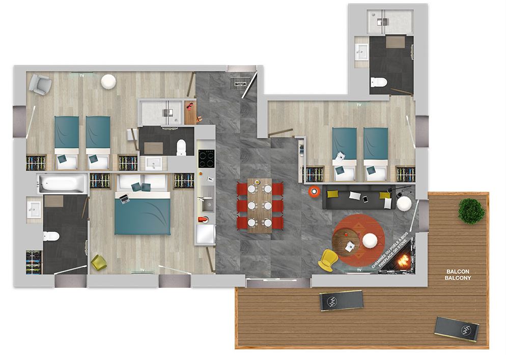 Chalets Izia 3 bed with fireplace apartment floor plan
